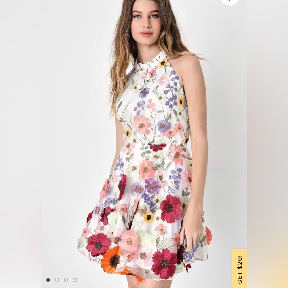 LuLu’s Blooming Bliss Ivory 3D Floral Embroidered Halter Mini Dress